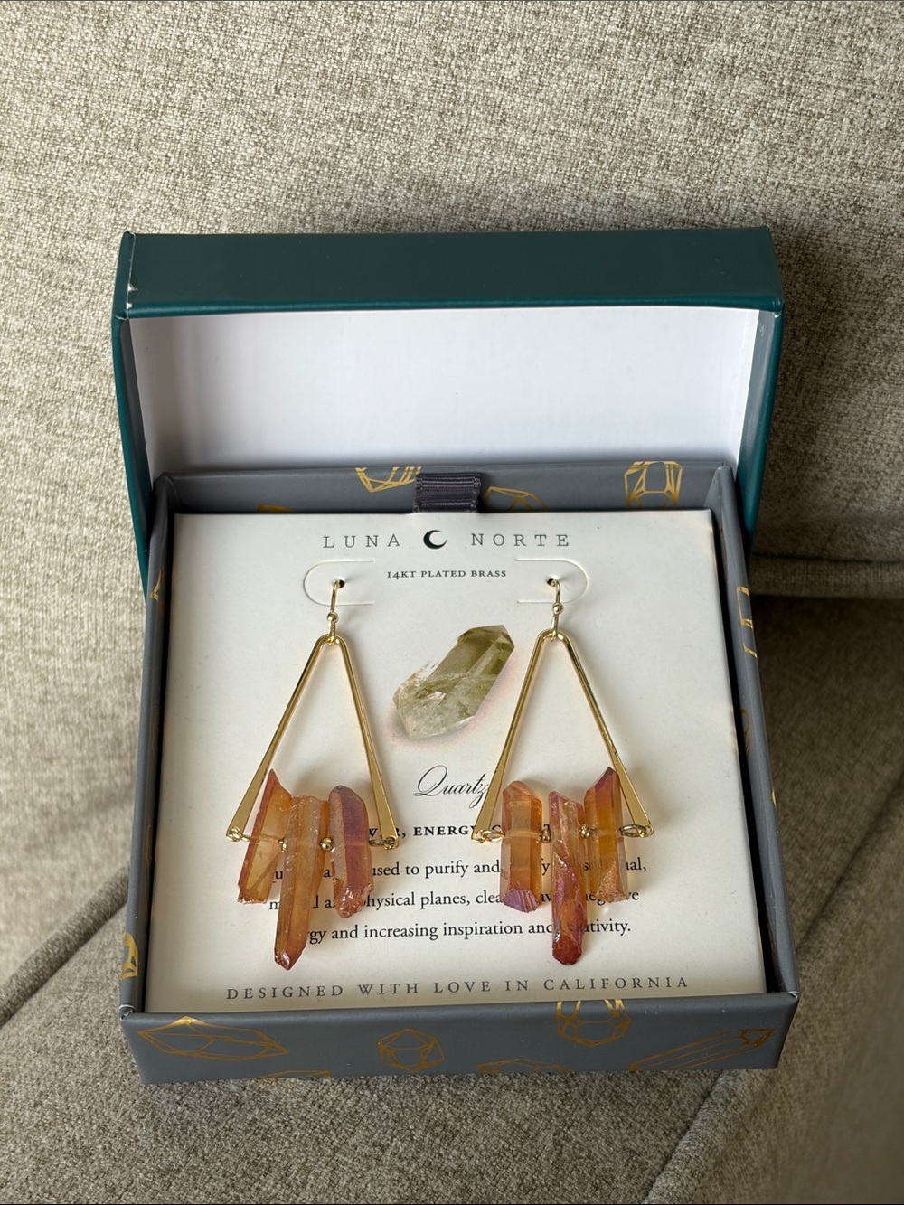 NWT Luna Norte Quartz 14Kt Plated Brass Orange Drop Gemstone Crystal Earrings